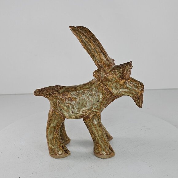 Handcrafted Pottery Goat Figurine With Textured Glaze For Rustic Decor Signed JB - Picture 2 of 8